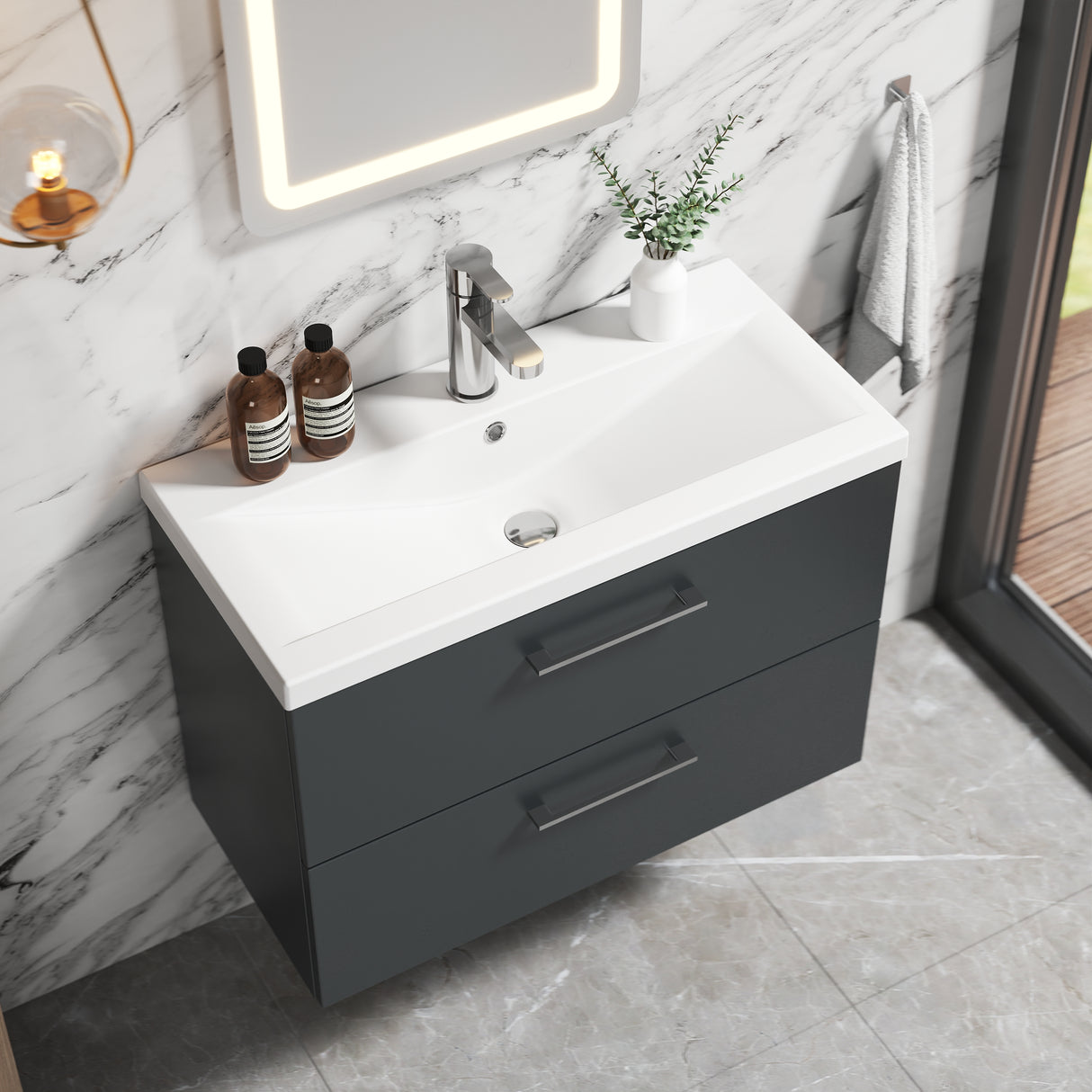 Wall Hung 2 Drawer Vanity Unit with Mid-Edge Ceramic Basin - Choice of Colour, Handle Finish and Size