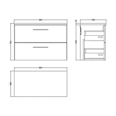 [BFLE1426LBG] Balterley Level 800mm Wall Hung 2 Drawer Vanity Unit with Laminate Worktop for Stylish Compact Bathroom Storage - Dark Grey - Technical Drawing