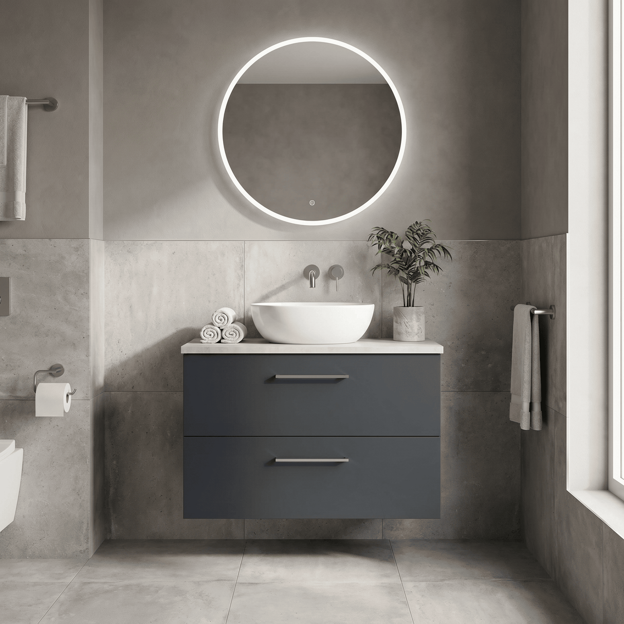 [BFLE1426LBG] Bramshall Contemporary 2 Drawer Wall Hung Vanity Unit with Bellato Grey Laminate Worktop, Choice of Size and Colour