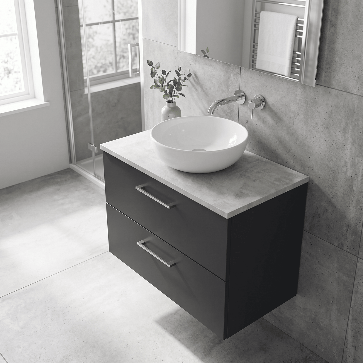 [BFLE1426LBG] Bramshall Contemporary 2 Drawer Wall Hung Vanity Unit with Bellato Grey Laminate Worktop, Choice of Size and Colour