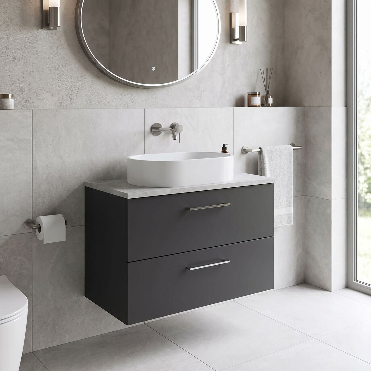 [BFLE1426LBG] Bramshall Contemporary 2 Drawer Wall Hung Vanity Unit with Bellato Grey Laminate Worktop, Choice of Size and Colour