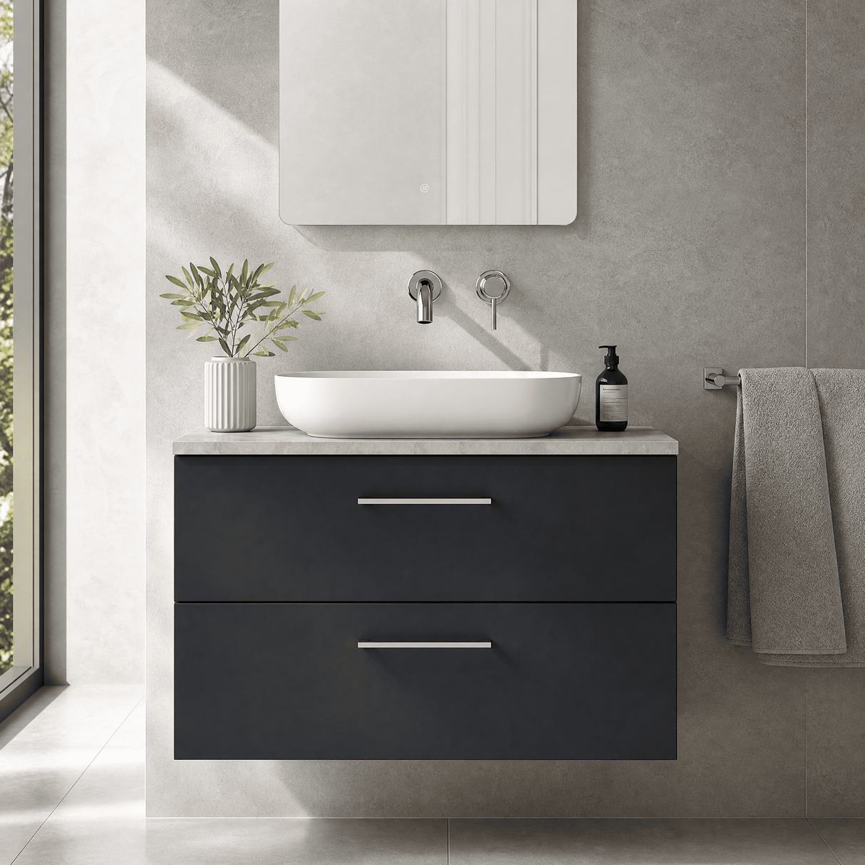 [BFLE1426LBG] Bramshall Contemporary 2 Drawer Wall Hung Vanity Unit with Bellato Grey Laminate Worktop, Choice of Size and Colour - Silo