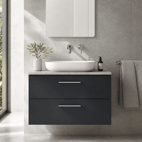 [BFLE1426LBG] Bramshall Contemporary 2 Drawer Wall Hung Vanity Unit with Bellato Grey Laminate Worktop, Choice of Size and Colour - Silo