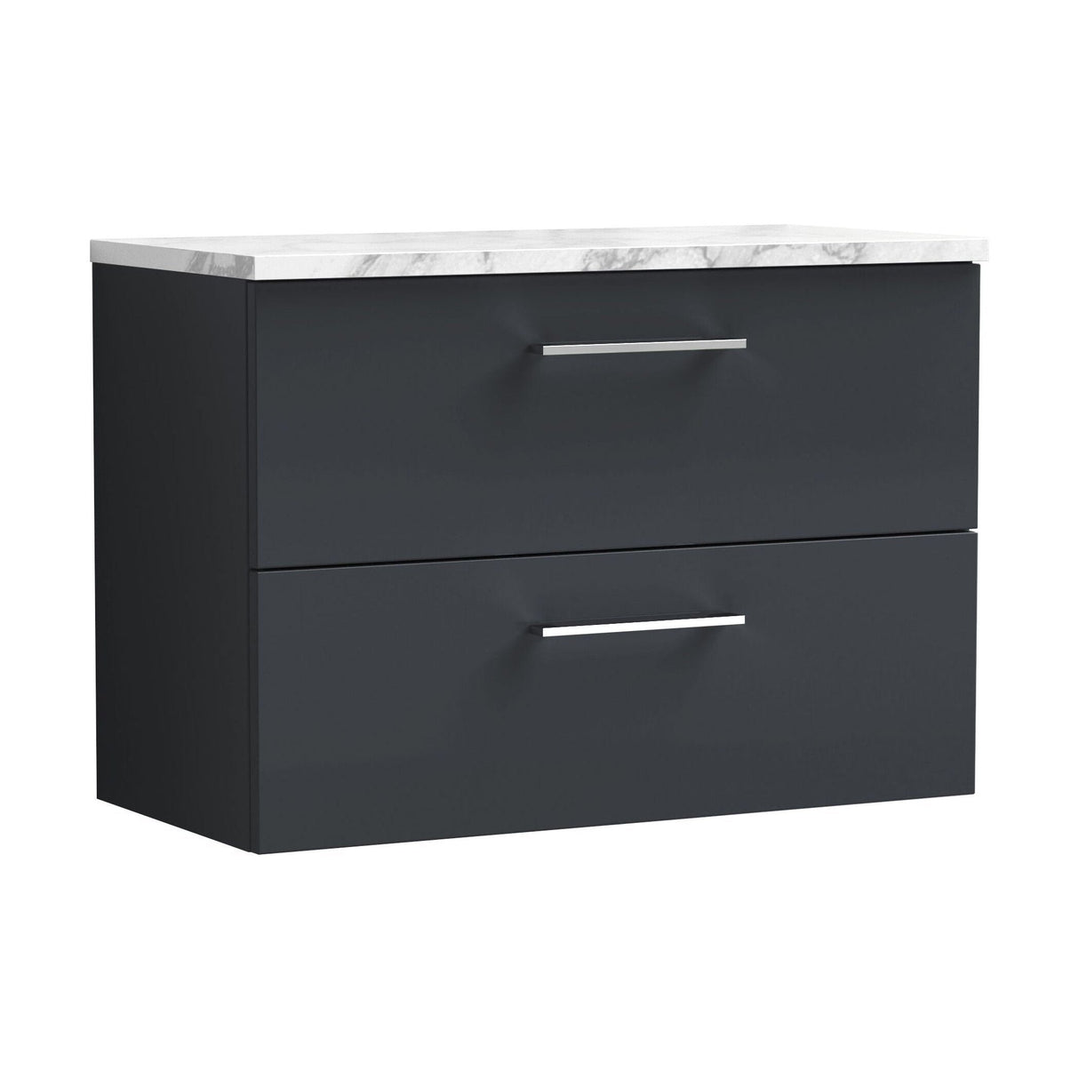 [BFLE1426LCM] Bramshall Contemporary 2 Drawer Wall Hung Vanity Unit with Carrera Marble Laminate Worktop, Choice of Size and Colour - Cutout