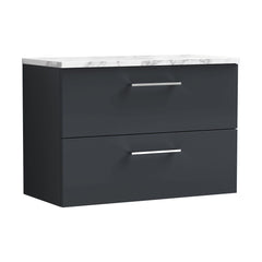 [BFLE1426LCM] Bramshall Contemporary 2 Drawer Wall Hung Vanity Unit with Carrera Marble Laminate Worktop, Choice of Size and Colour - Cutout