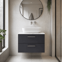 [BFLE1426LCM] Bramshall Contemporary 2 Drawer Wall Hung Vanity Unit with Carrera Marble Laminate Worktop, Choice of Size and Colour