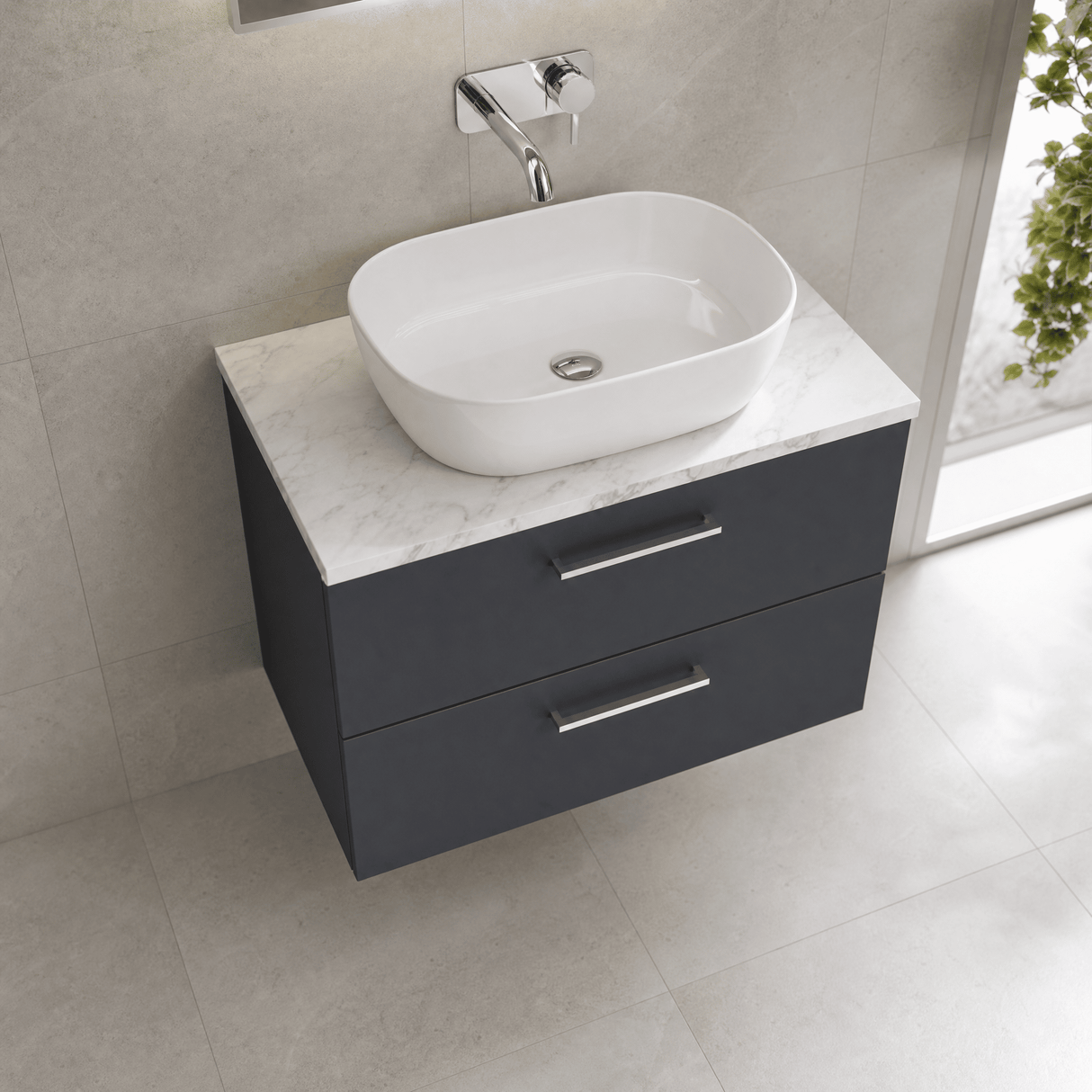 [BFLE1426LCM] Bramshall Contemporary 2 Drawer Wall Hung Vanity Unit with Carrera Marble Laminate Worktop, Choice of Size and Colour