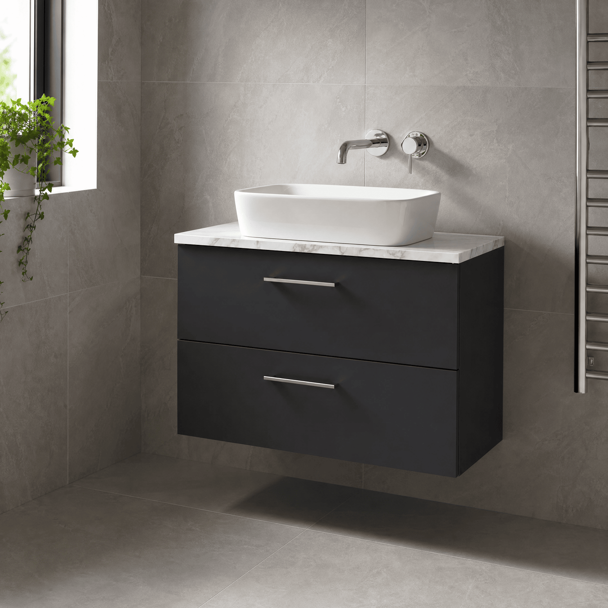 [BFLE1426LCM] Bramshall Contemporary 2 Drawer Wall Hung Vanity Unit with Carrera Marble Laminate Worktop, Choice of Size and Colour