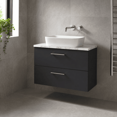 [BFLE1426LCM] Bramshall Contemporary 2 Drawer Wall Hung Vanity Unit with Carrera Marble Laminate Worktop, Choice of Size and Colour
