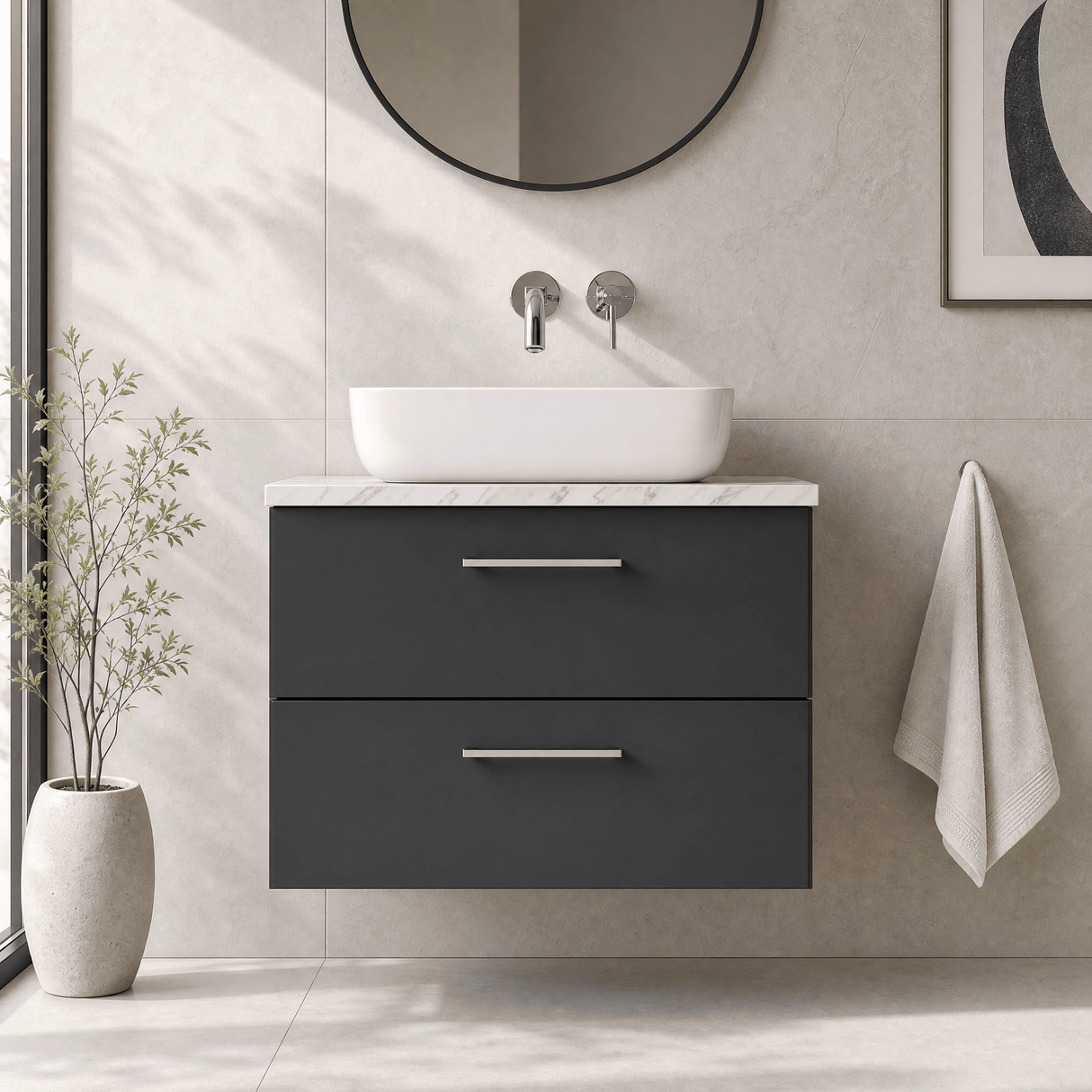 [BFLE1426LCM] Bramshall Contemporary 2 Drawer Wall Hung Vanity Unit with Carrera Marble Laminate Worktop, Choice of Size and Colour - Silo