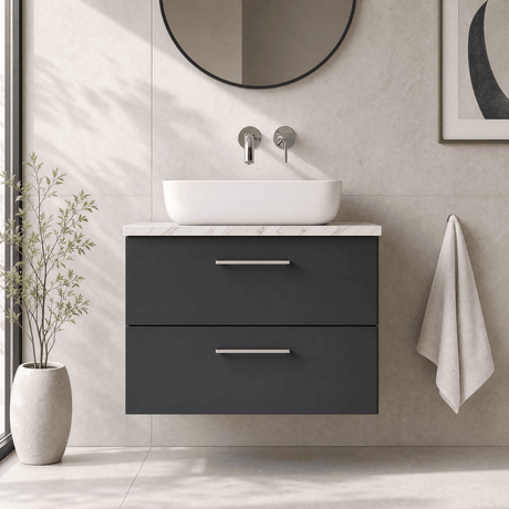 [BFLE1426LCM] Bramshall Contemporary 2 Drawer Wall Hung Vanity Unit with Carrera Marble Laminate Worktop, Choice of Size and Colour - Silo