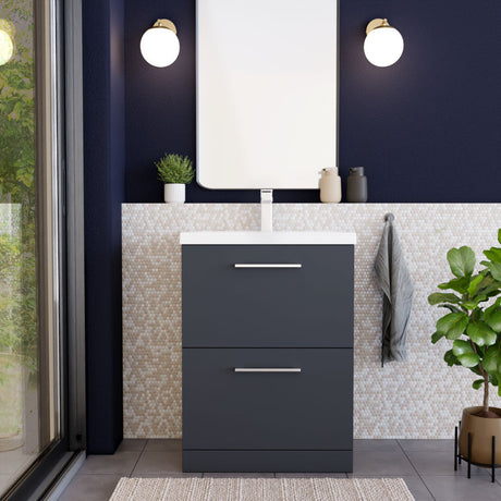 [BFLE1433A] Balterley Modern Bathroom 2 Drawer Floor Standing Vanity Unit & Rectangular Mid-Edge Basin, Dark Grey, 600 mm - Lifestyle 1