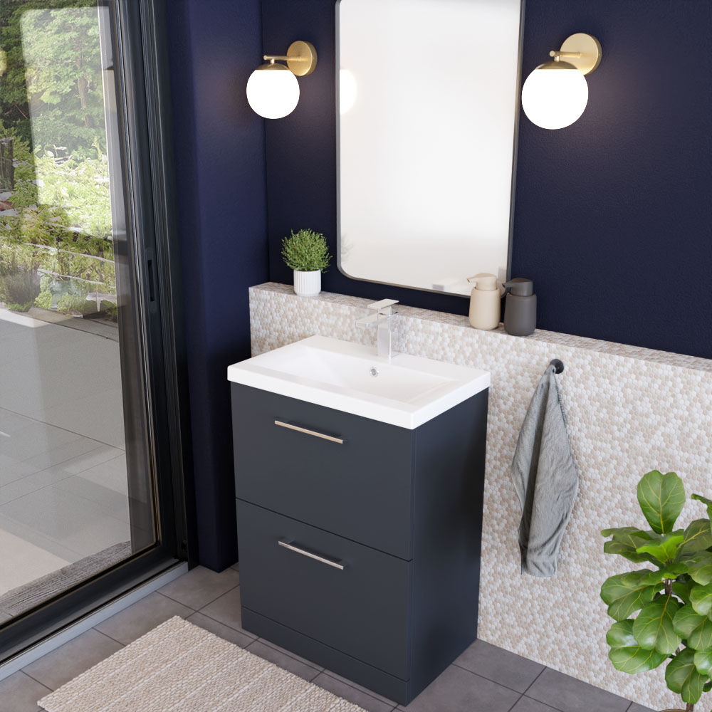 [BFLE1433A] Balterley Modern Bathroom 2 Drawer Floor Standing Vanity Unit & Rectangular Mid-Edge Basin, Dark Grey, 600 mm - Lifestyle 3