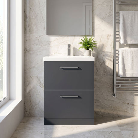 [BFLE1433A] Balterley Modern Bathroom 2 Drawer Floor Standing Vanity Unit & Rectangular Mid-Edge Basin, Dark Grey, 600 mm - Silo