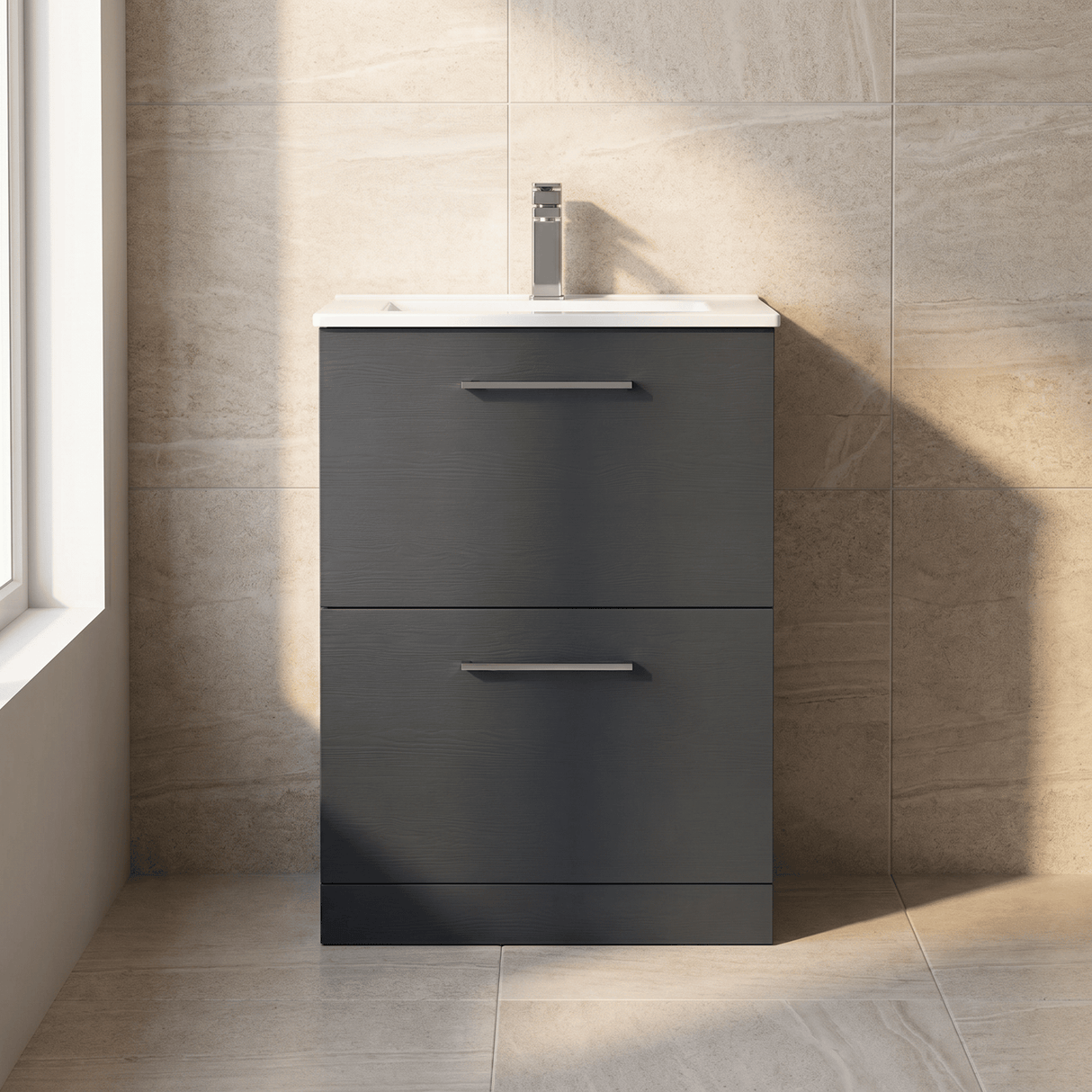 [BFLE1433B] Bramshall Contemporary 2 Drawer Floor Standing Vanity Unit, Choice of Size, Colour and Basin - Silo
