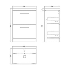 [BFLE1433D] Balterley  Contemporary Bathroom 2 Soft Close Drawers & Thin-Edge Floor Standing Vanity Unit Basin, Dark Grey, 600mm - Technical Drawing