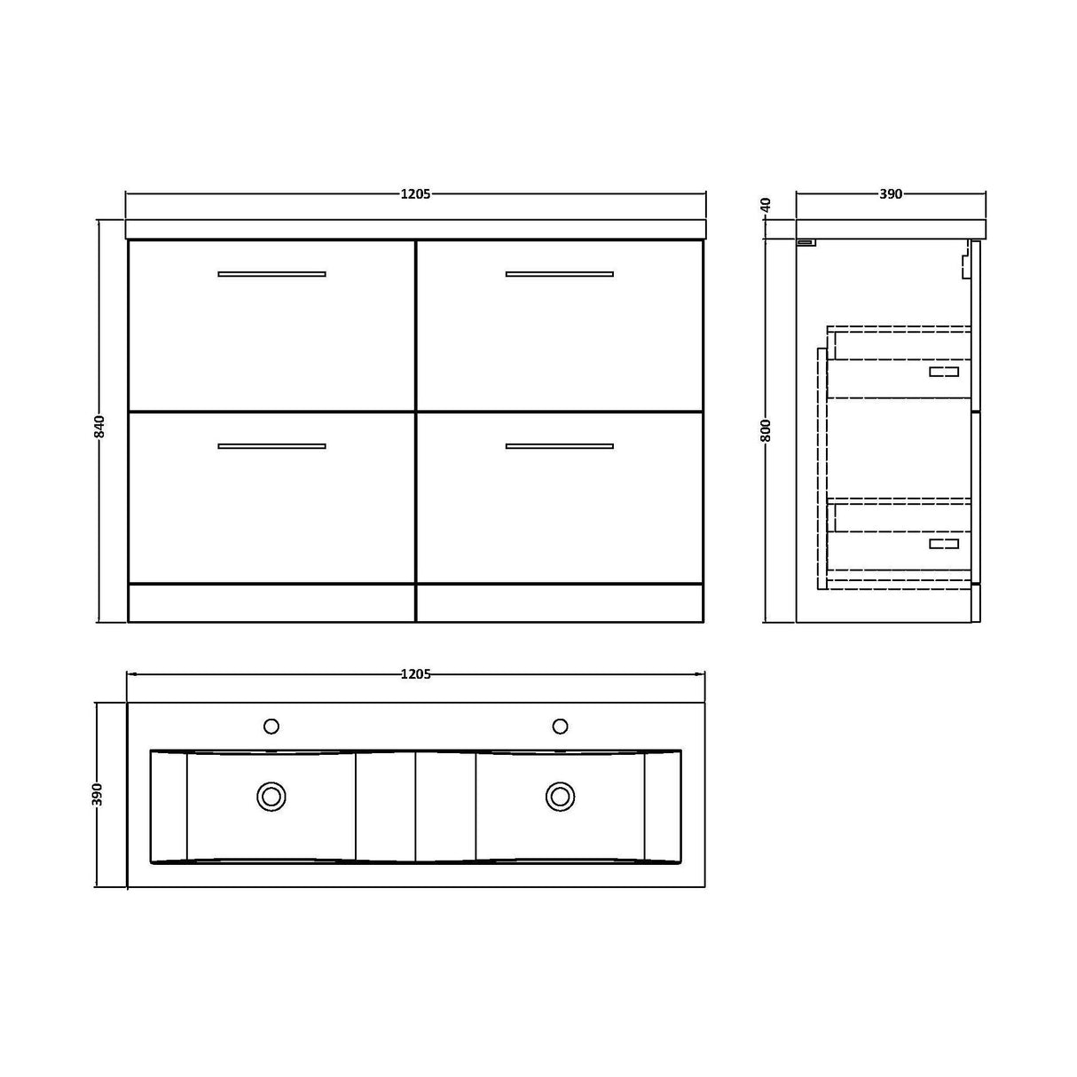 [BFLE1433F] Balterley Level 1200mm Floor Standing 4 Drawer Vanity Unit with Double Basin, Handles & Overflow for Bathroom Storage Gloss White - Technical Drawing