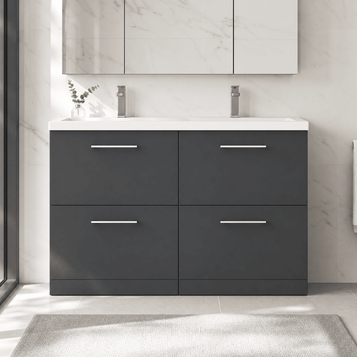 [BFLE1433F] Balterley Level 1200mm Floor Standing 4 Drawer Vanity Unit with Double Basin, Handles & Overflow for Bathroom Storage Gloss White - Lifestyle 1