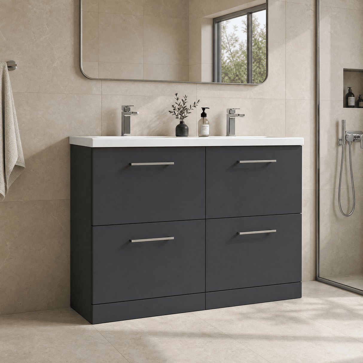 [BFLE1433F] Balterley Level 1200mm Floor Standing 4 Drawer Vanity Unit with Double Basin, Handles & Overflow for Bathroom Storage Gloss White - Lifestyle 3