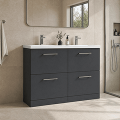 [BFLE1433F] Balterley Level 1200mm Floor Standing 4 Drawer Vanity Unit with Double Basin, Handles & Overflow for Bathroom Storage Gloss White - Lifestyle 3
