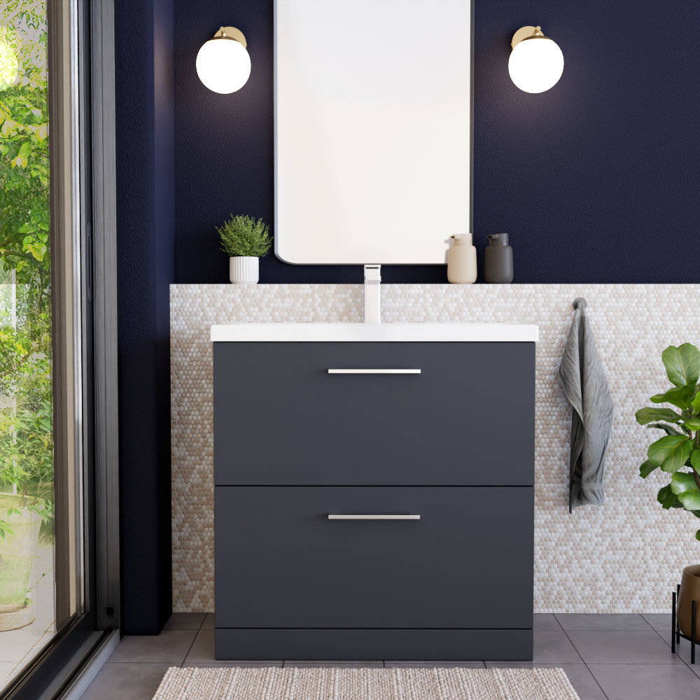 [BFLE1435A] Bramshall Contemporary 2 Drawer Floor Standing Vanity Unit, Choice of Size, Colour and Basin