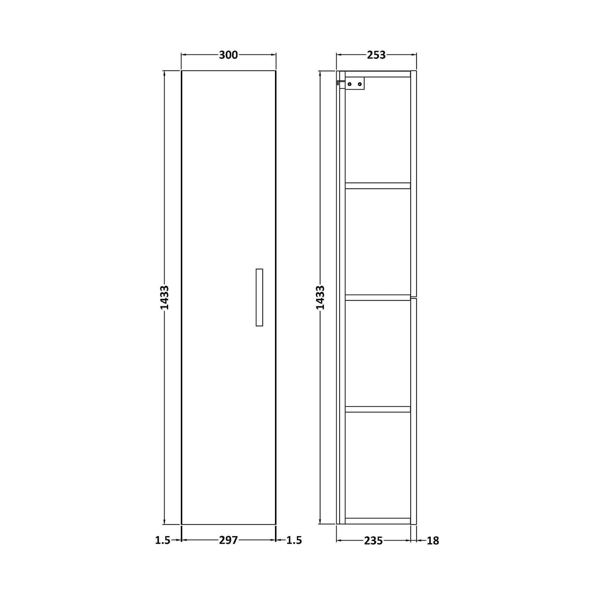 [BFLE1461] Bramshall 300mm Wall Hung 1 Door Tall Unit – Choice of Colour and Handle Finish - Technical Drawing