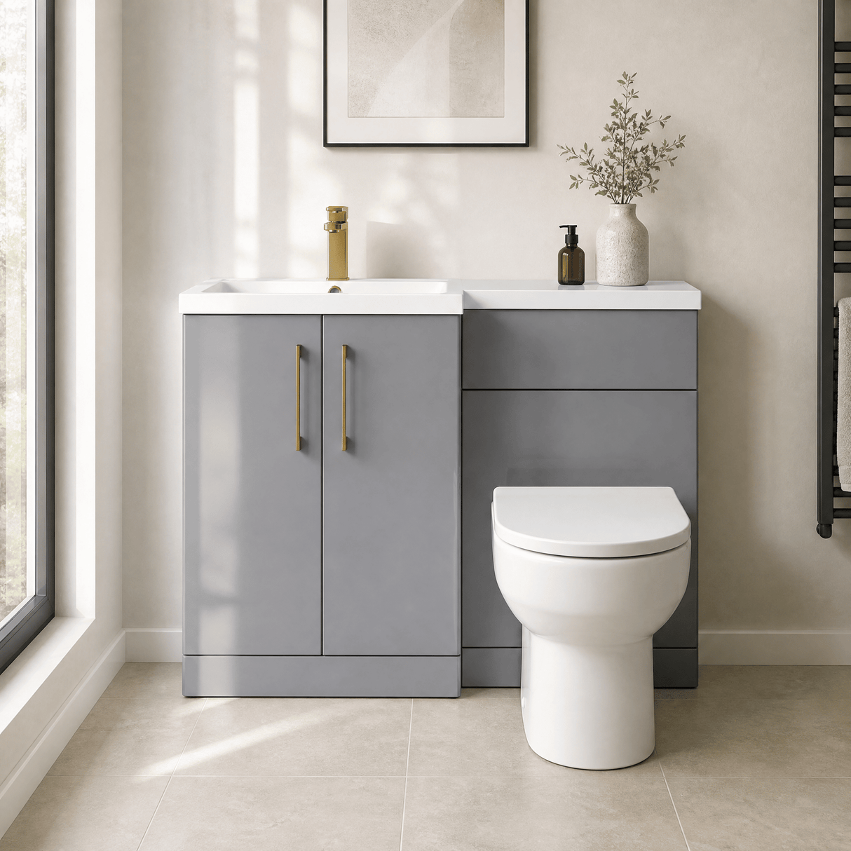 [BFLE2211LH017] Bramshall Combination Vanity Unit with Basin & WC, Left Hand, 1100mm x 390mm - Choice of Colour and Handle Finish - Silo