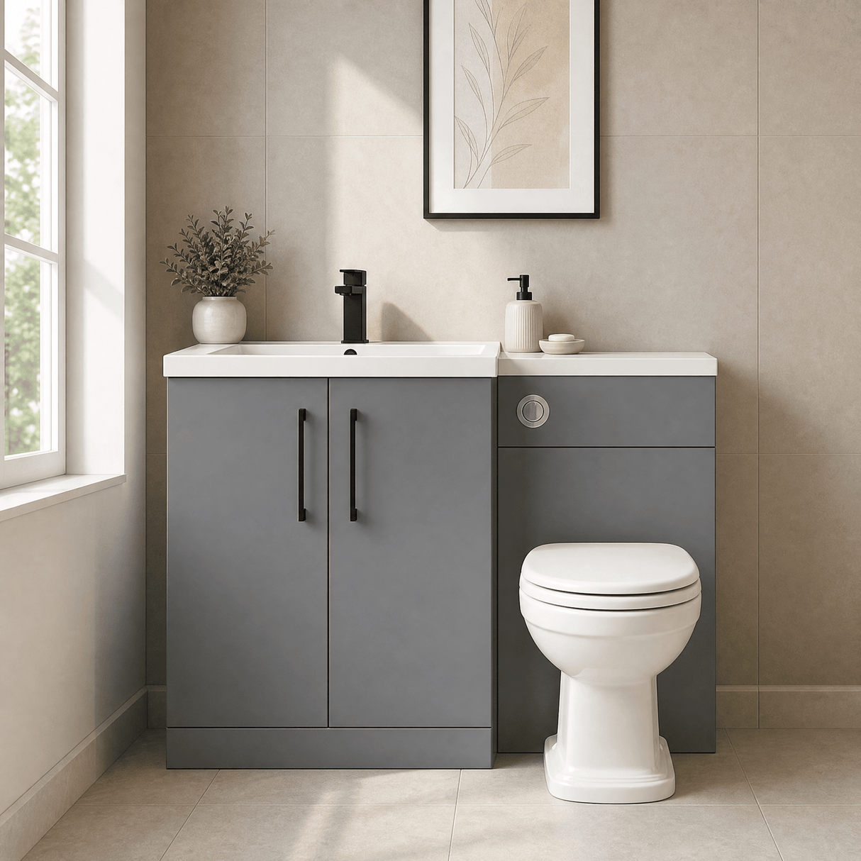 [BFLE2211LH018] Bramshall Combination Vanity Unit with Basin & WC, Left Hand, 1100mm x 390mm - Choice of Colour and Handle Finish - Silo