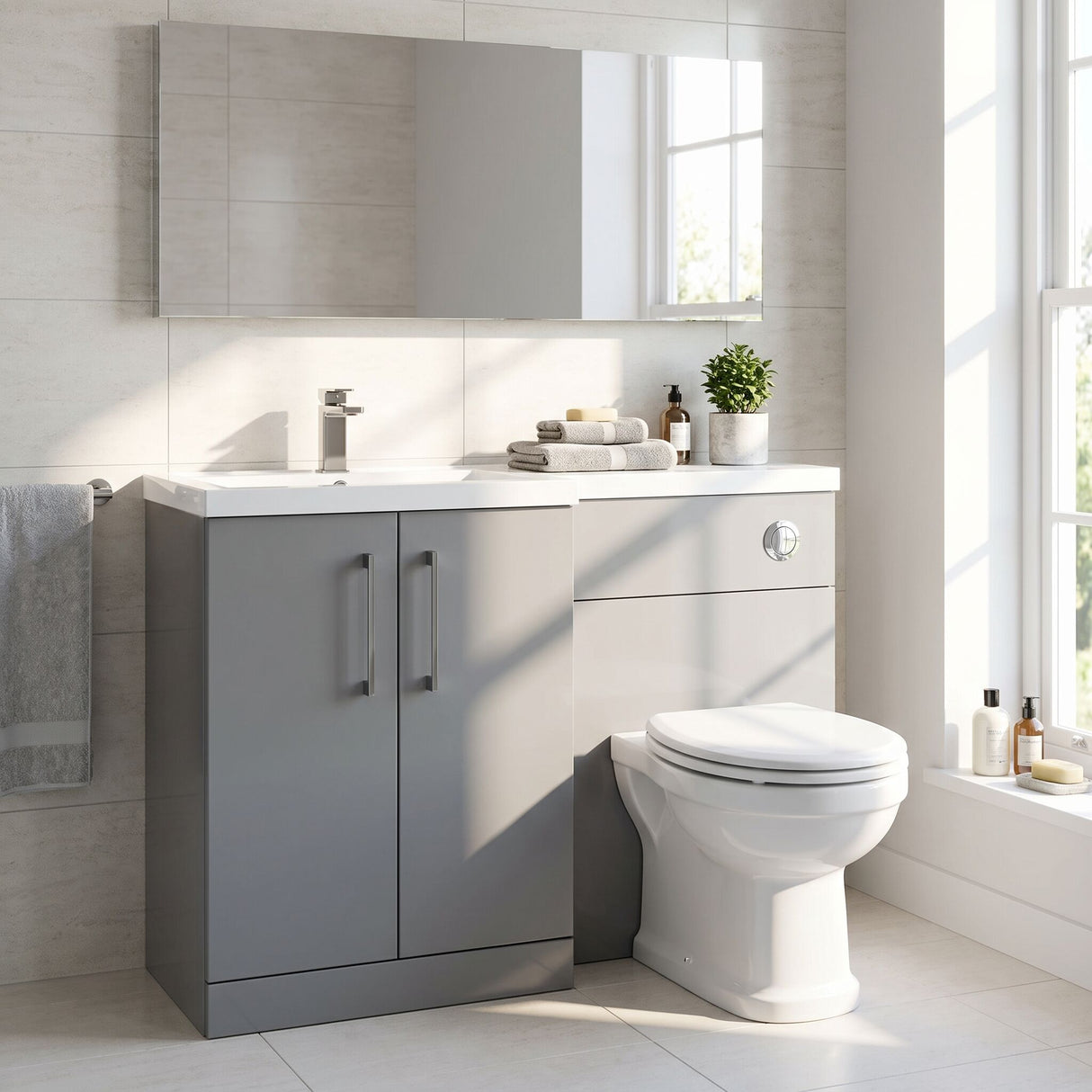 [BFLE2211LH716] Bramshall Combination Vanity Unit with Basin & WC, Left Hand, 1100mm x 390mm - Choice of Colour and Handle Finish - Silo