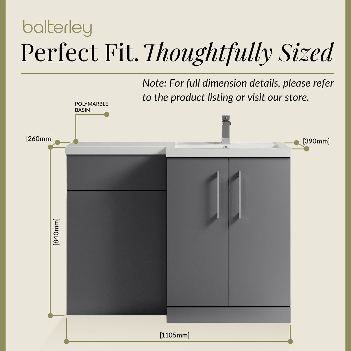Bathroom Vanity Unit with Basin & WC, Right Hand, 1100mm x 390mm - Choice of Colour