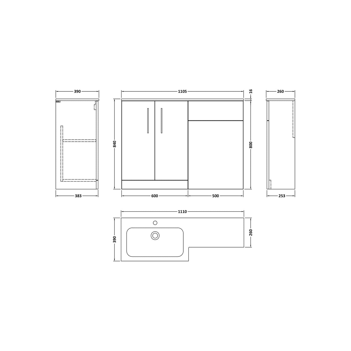 [BFLE2213L] Bramshall Contemporary 2 Door Floor Standing Combination Unit with Stone Basin, 1100mm, Choice of Orientation and Colour - Technical Drawing