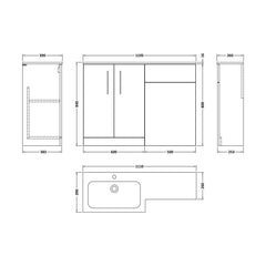 [BFLE2213R] Bramshall Contemporary 2 Door Floor Standing Combination Unit with Stone Basin, 1100mm, Choice of Orientation and Colour - Technical Drawing