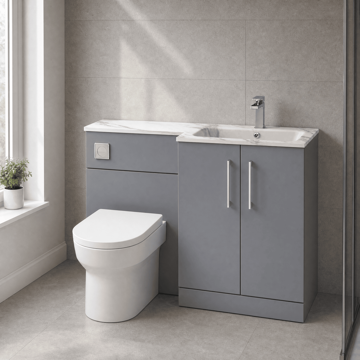 [BFLE2213R] Bramshall Contemporary 2 Door Floor Standing Combination Unit with Stone Basin, 1100mm, Choice of Orientation and Colour