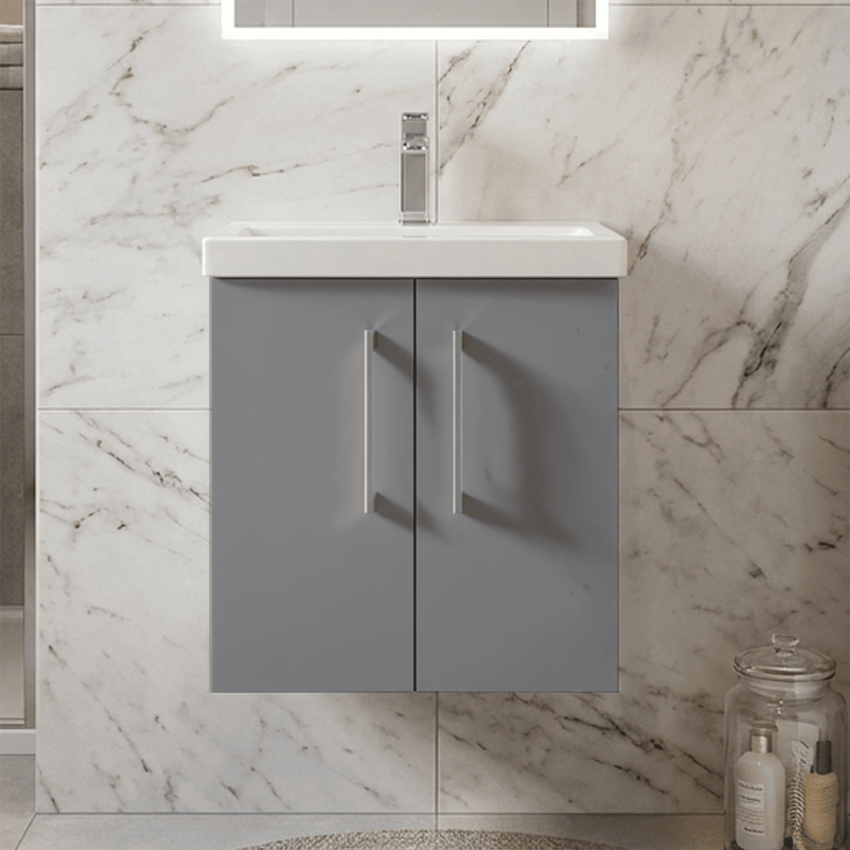 [BFLE2221A] Bramshall Contemporary 2 Door Wall Hung Vanity Basin Unit with Mid-Edge Basin, Choice of Size and Colour - Silo