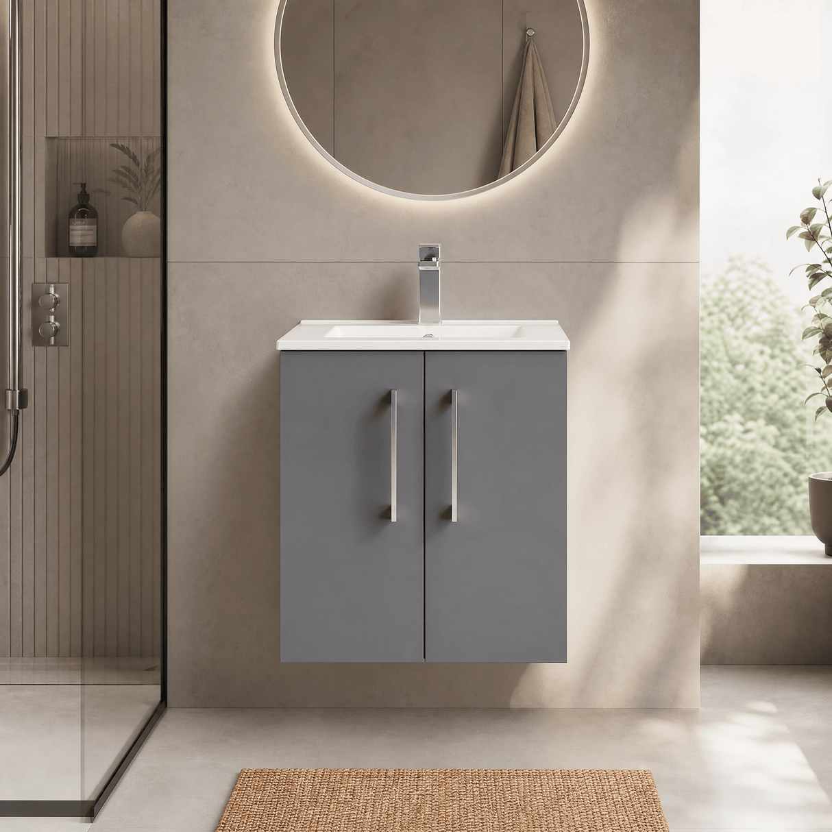 [BFLE2221B] Balterley Level Modern Bathroom 2 Soft Close Door & Minimalist Wall Hung Vanity Unit Basin, Satin Grey, 500mm - Lifestyle 1