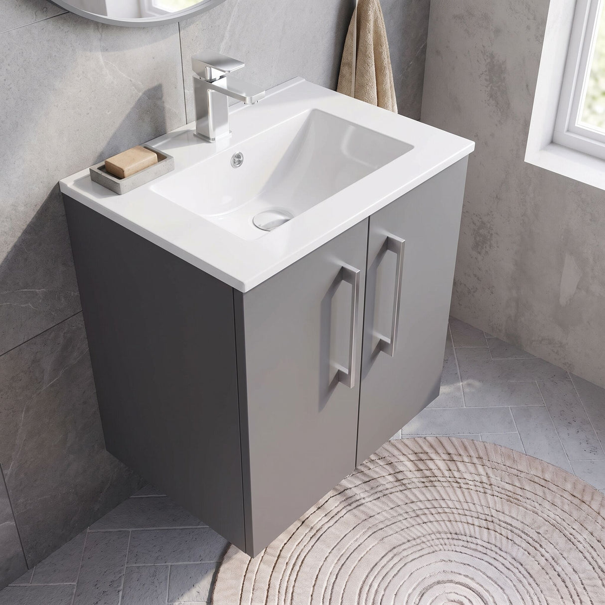 [BFLE2221B] Balterley Level Modern Bathroom 2 Soft Close Door & Minimalist Wall Hung Vanity Unit Basin, Satin Grey, 500mm - Lifestyle 2