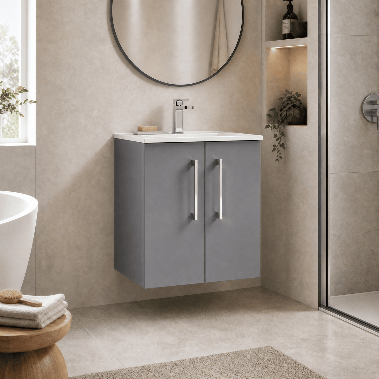 [BFLE2221B] Balterley Level Modern Bathroom 2 Soft Close Door & Minimalist Wall Hung Vanity Unit Basin, Satin Grey, 500mm - Lifestyle 3