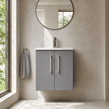 [BFLE2221B] Balterley Level Modern Bathroom 2 Soft Close Door & Minimalist Wall Hung Vanity Unit Basin, Satin Grey, 500mm - Silo