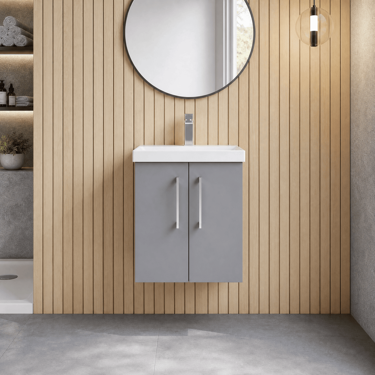 [BFLE2221D] Balterley  Contemporary Bathroom 2 Soft Close Door & Thin-Edge Wall Hung Vanity Unit Basin, Satin Grey, 500mm - Lifestyle 1