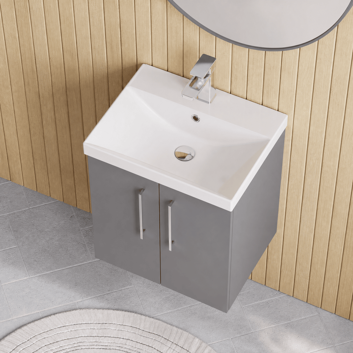 [BFLE2221D] Balterley  Contemporary Bathroom 2 Soft Close Door & Thin-Edge Wall Hung Vanity Unit Basin, Satin Grey, 500mm - Lifestyle 2