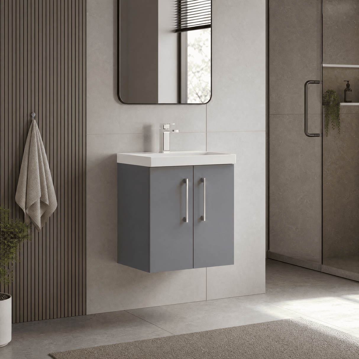 [BFLE2221D] Balterley  Contemporary Bathroom 2 Soft Close Door & Thin-Edge Wall Hung Vanity Unit Basin, Satin Grey, 500mm - Lifestyle 3