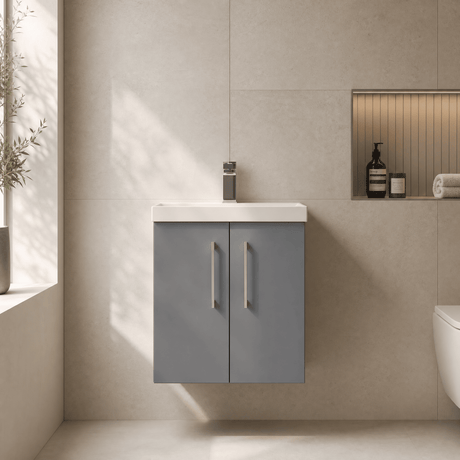 [BFLE2221D] Balterley  Contemporary Bathroom 2 Soft Close Door & Thin-Edge Wall Hung Vanity Unit Basin, Satin Grey, 500mm - Silo