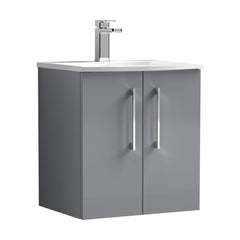 [BFLE2221G] Balterley  Modern Bathroom Wall Hung 2 Soft Close Door Vanity Unit & Curved Basin, Satin Grey, 500mm - Cutout