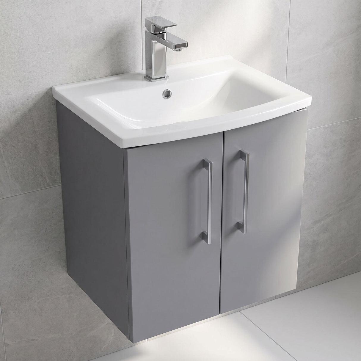 [BFLE2221G] Balterley  Modern Bathroom Wall Hung 2 Soft Close Door Vanity Unit & Curved Basin, Satin Grey, 500mm - Lifestyle 2