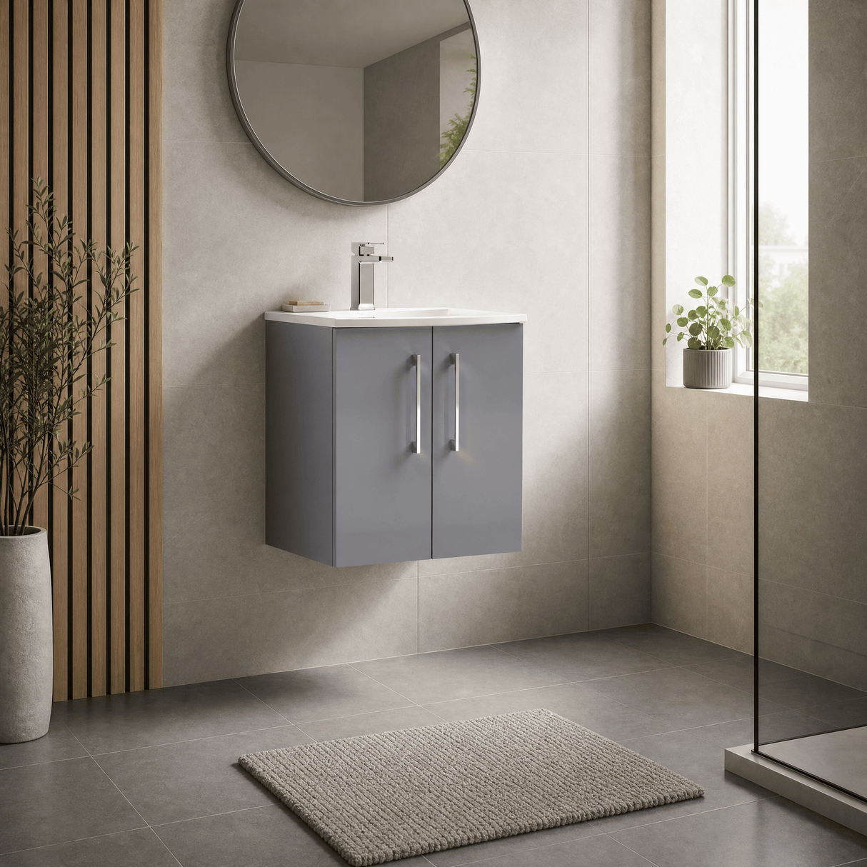 [BFLE2221G] Balterley  Modern Bathroom Wall Hung 2 Soft Close Door Vanity Unit & Curved Basin, Satin Grey, 500mm - Lifestyle 3