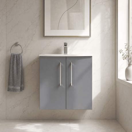 [BFLE2221G] Balterley  Modern Bathroom Wall Hung 2 Soft Close Door Vanity Unit & Curved Basin, Satin Grey, 500mm - Silo