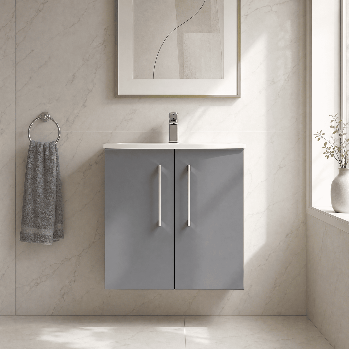 [BFLE2221G] Bramshall Contemporary 2 Door Wall Hung Vanity Basin Unit, Choice of Size, Colour and Basin - Studio Shot