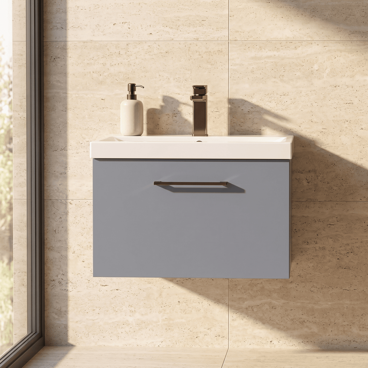 [BFLE2222AH1516] Bramshall Wall Hung 1 Drawer Vanity Unit with Mid-Edge Ceramic Basin 600mm - Studio Shot