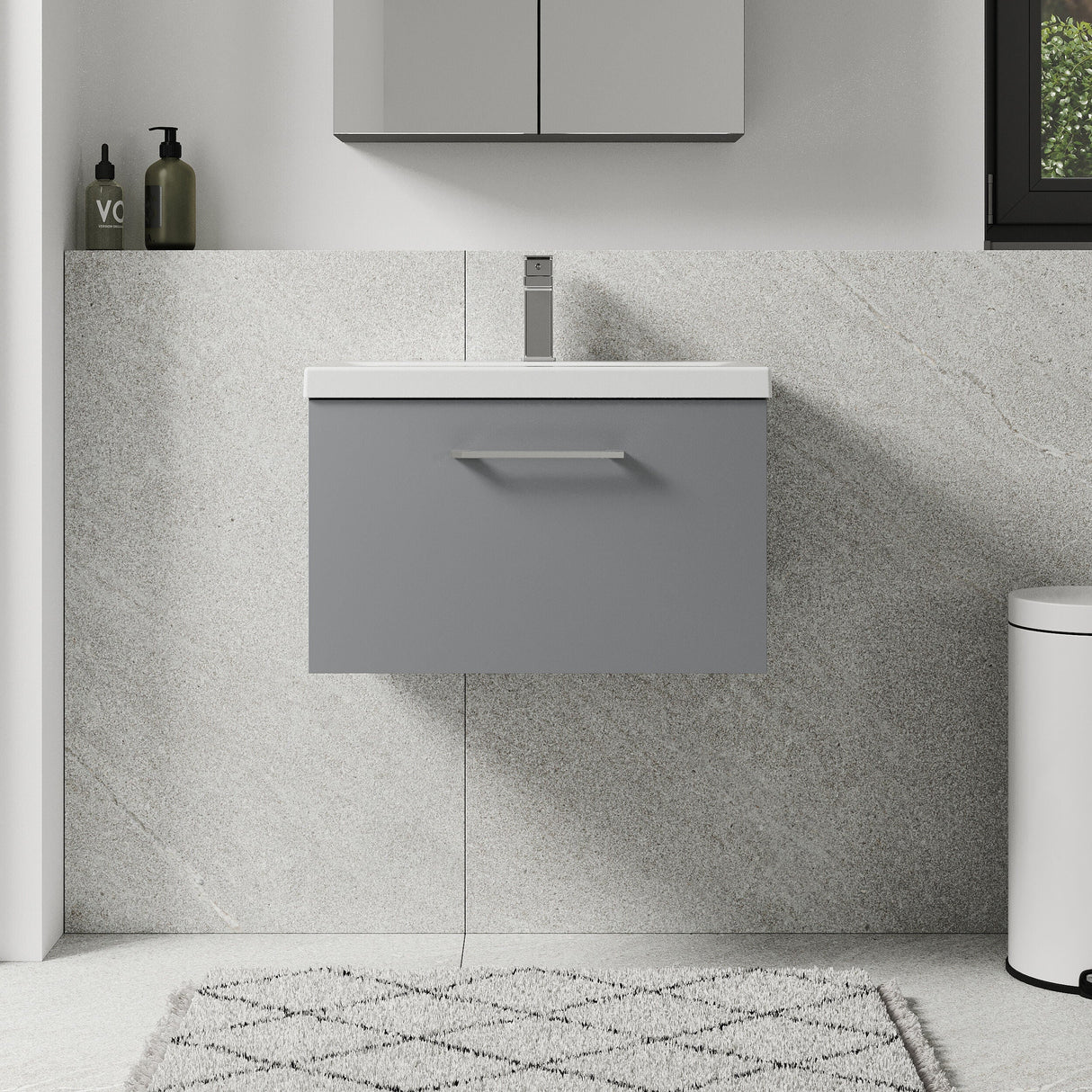 [BFLE2222A] Bramshall Wall Hung 1 Drawer Vanity Unit with Mid-Edge Ceramic Basin - Choice of Colour, Handle Finish and Size - Lifestyle 1