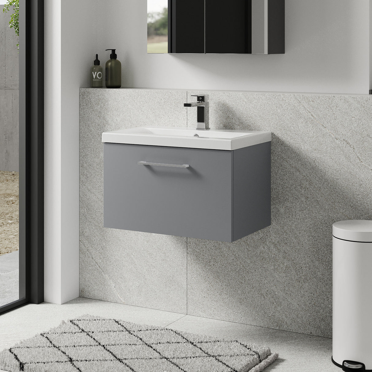 [BFLE2222A] Bramshall Wall Hung 1 Drawer Vanity Unit with Mid-Edge Ceramic Basin 600mm - Lifestyle 3